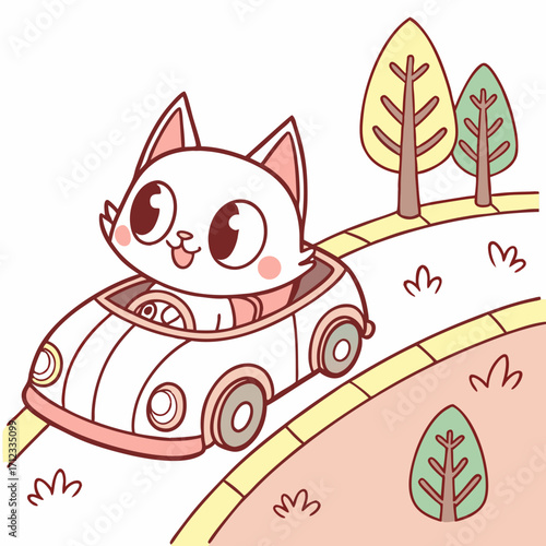 cute cat chibi driving a car