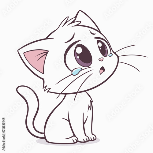 Crying Cat: A simple, yet emotionally charged illustration of a white kitten expressing sadness through tears, capturing a moment of vulnerability and heartache.