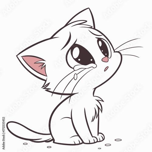Crying Cat: A simple, yet emotionally charged illustration of a white kitten expressing sadness through tears, capturing a moment of vulnerability and heartache.