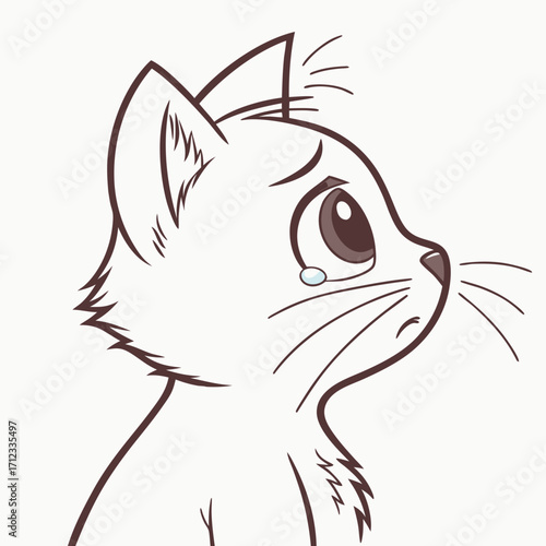 Crying Cat: A simple, yet emotionally charged illustration of a white kitten expressing sadness through tears, capturing a moment of vulnerability and heartache.