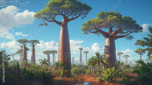 A cinematic ultra-detailed travel scene of Madagascar coastline with unique baobab trees
