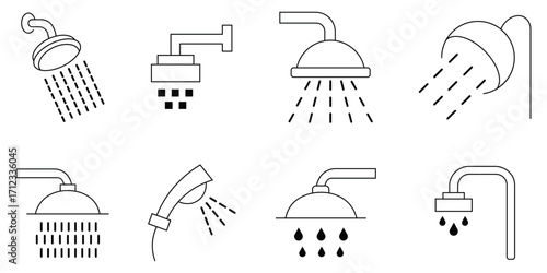 Black shower head icons with different spray patterns. Minimalist shower icon set with water sprinkler. Symbolizing smart shower system. Vector illustration. 