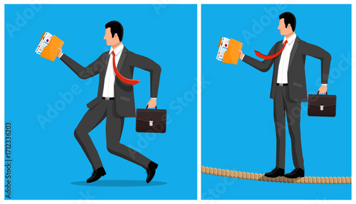 Man running with a folder and man balancing on a tightrope, holding a folder and briefcase. Business risk and challenge concept.