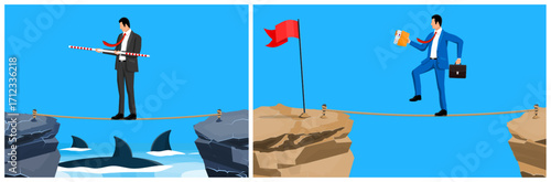 Two men balancing on tightrope across chasm. Business risk, challenge, ambition, and success concept. Achieving goal.