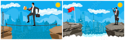 Man walking on tightrope between cliffs with important documents and briefcase, looking for goal with spyglass. Business challenge, risk and success journey concept.