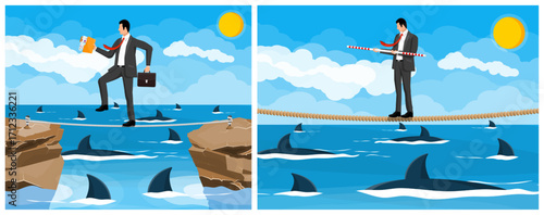 Man walking tightrope over ocean full of sharks. Business challenge concept for risk and skill balance. Financial danger.