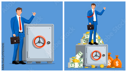 Man stands next to a safe and on top of a safe with money bags and gold coins, illustrating financial success and secure investment.