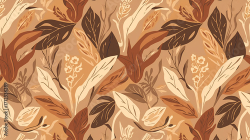 Abstract foliage seamless pattern with earth tone leaves and organic shapes for vector background design