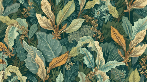 Botanical wallpaper seamless design with organic natural leaf motifs for modern home decor and background