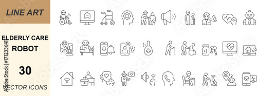 Elderly Care Robot vector icon set with minimal line art designs of assistive robots, mobility aids, health monitors, reminders, and therapy. Perfect for apps, web, healthcare, and UI projects.