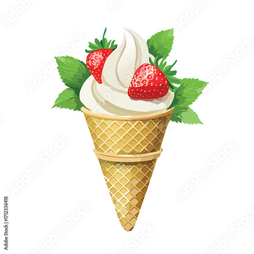 Creamy soft-serve ice cream cone topped with strawberries and mint leaves.