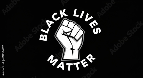 Raised fist symbol with black lives matter text arranged around it on a black background, representing social justice and equality movement