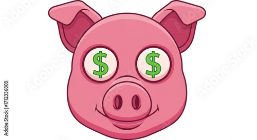 A cartoon illustration of a pink pig with dollar signs in its eyes, isolated on a white background, symbolizing greed, wealth, and financial obsession