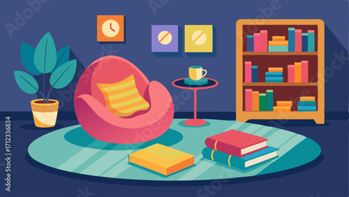 A cozy reading alcove with a bean bag chair and a colorful rug tered with open books.