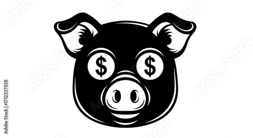Black and white silhouette of a pig with dollar signs for eyes, isolated on white background