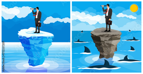 Businessman looking through a spyglass while standing on an iceberg and rock with sharks. Business danger, risk, challenge, and opportunity concept.