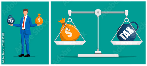 Man holds tax burden and money bag. Business concept of balancing tax and income. Weighting liabilities illustration.