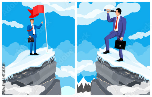 Man on peak with red flag and man with spyglass on rock. Business success concept. Achievement and career development.