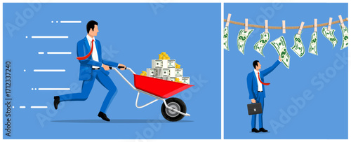 Man running with a wheelbarrow full of money and another man catching dollar bills drying on a clothesline. Financial success and wealth accumulation.