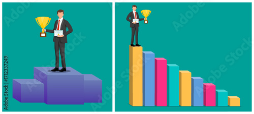 Man in suit holding certificate and trophy on winner podium and bar chart. Achievement and success business concept. Flat illustration.