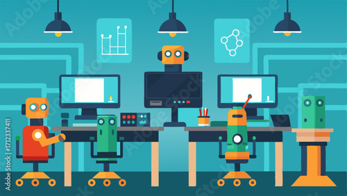 A robotics area with tables and computers set up for programming and testing robots.
