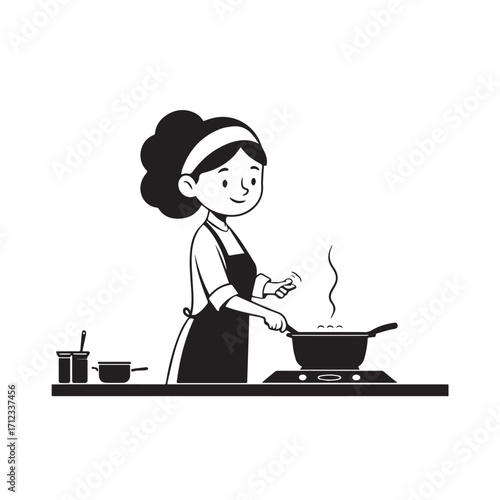 Black and White Vector Illustration of a Smiling Woman Cooking in Kitchen with Apron and Headband
