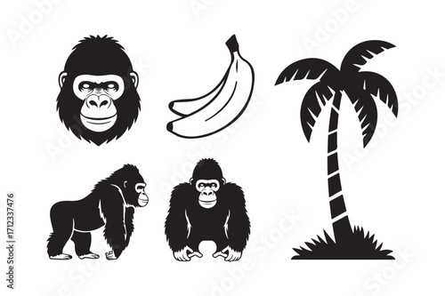 Gorilla family and tropical elements in black and white illustration