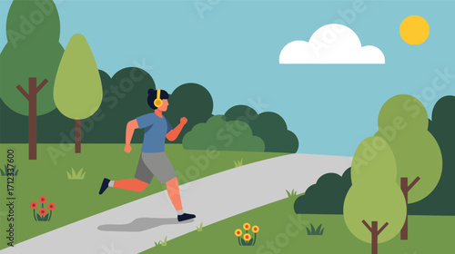 Man running on a path listening to music on headphones