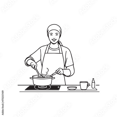 Black and White Vector Illustration of a Smiling Woman Cooking in Kitchen with Apron and Headband