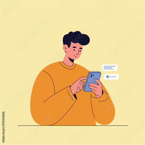 Vector art of young man in orange sweater texting on his smartphone with chat bubbles illustration