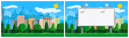 Green park with cityscape background and a large blank billboard. Advertising space concept for city promotion and marketing design.