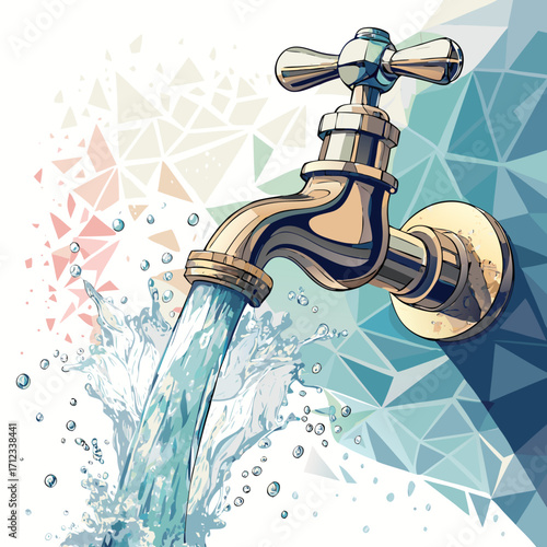 Vector Illustration of Water Tap with Flowing Water in Plumbing and Hygiene Concept