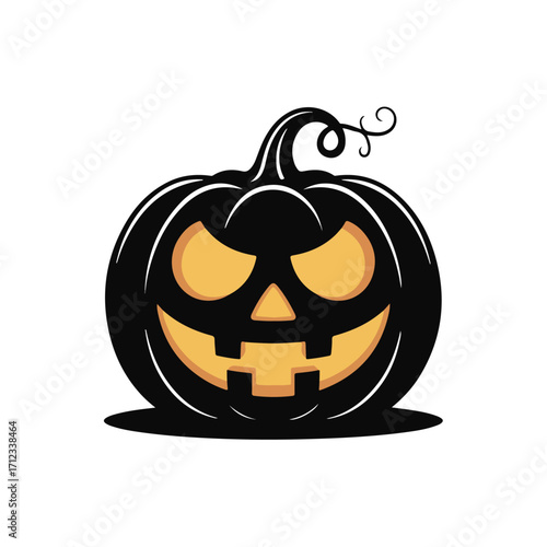 A spooky black jackolantern with a carved scary face and glowing orange eyes, isolated on white background technology background