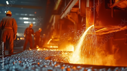Steel workers in factory with molten metal. Video of a worker melting a realistic metallurgical furnace. Steel industry with a shallow depth of field. Metalworkers in lifestyle a factory handling.