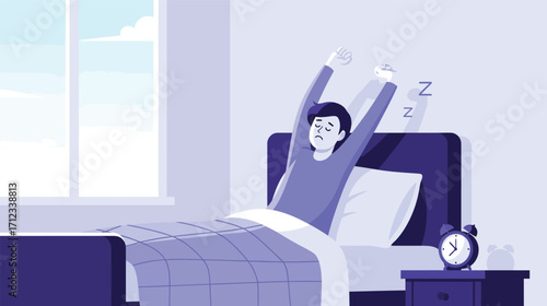 Man waking up in bed stretching his arms after a good nights sleep
