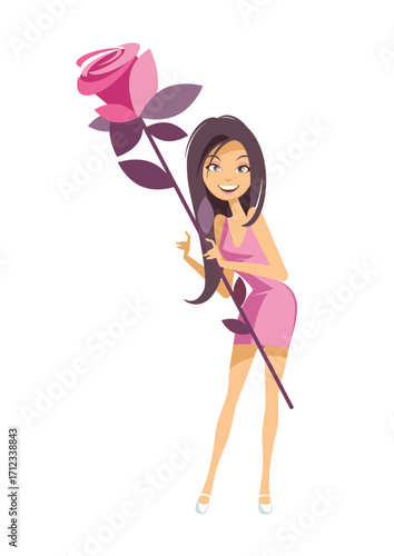 Woman in pink dress holding a very large rose in the same color