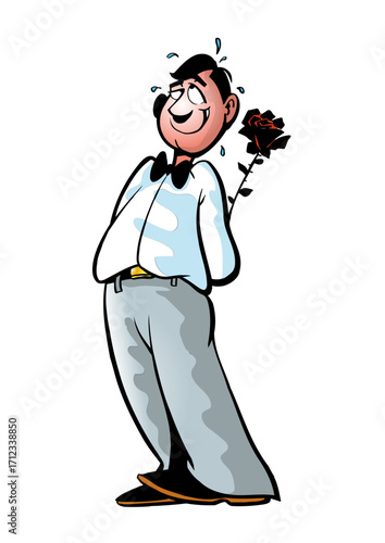 Nervous and tense man standing and holding a rose on his back