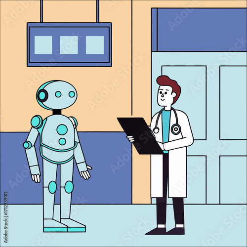 Doctor examining robot patient in modern medical facility  