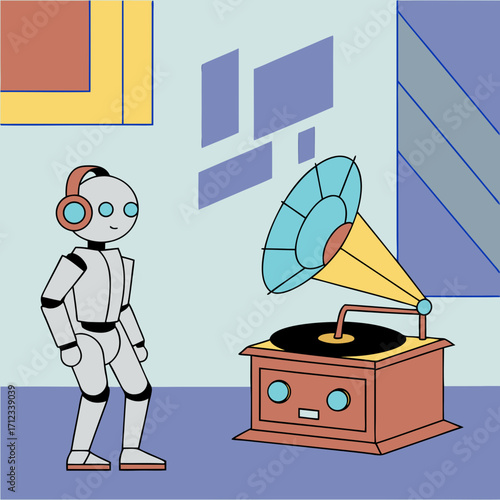 Robot enjoying music from vintage gramophone in colorful room  