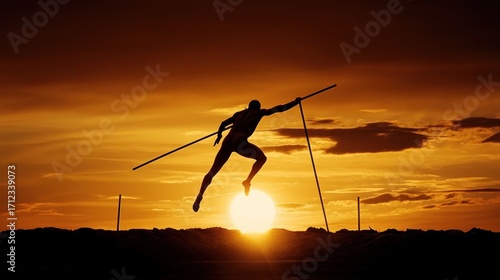 Silhouette of pole vaulter at sunset