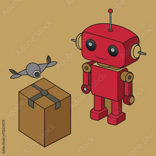Red robot standing beside a delivery box and small drone  