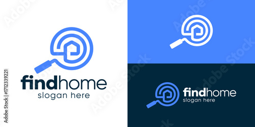 Creative modern find home logo template. Magnifying glass with home logo design vector illustration.