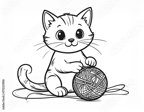 毛糸玉と遊ぶネコの塗り絵／Cat Playing with Yarn Ball Coloring Page