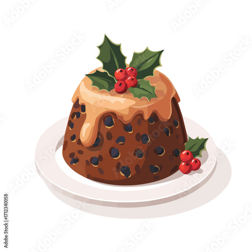 Christmas Pudding, 2D flat vector illustration in icon style, isolated on a white background