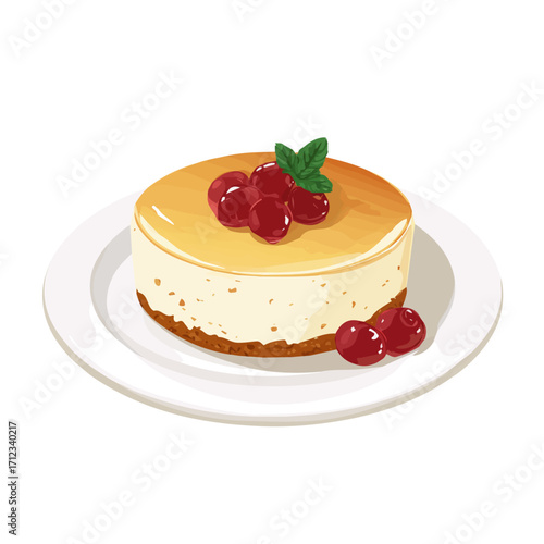 Flat 2D Ricotta Cheesecake vector illustration, icon graphic on white background