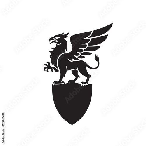 Black silhouette of a griffin standing on a shield, isolated on white background technology background