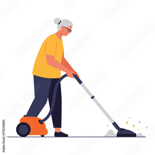 Vector art of elderly woman vacuuming the floor