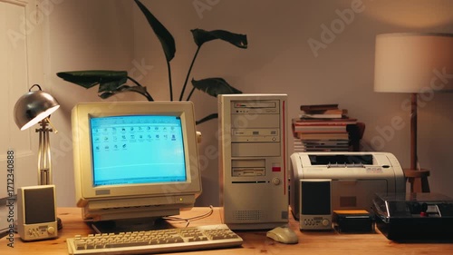 Retro pc computer gaming, Desktop vintage with loading code console, programmer making scripts, green basic screen, Old computer studio close-up, retro wave display, late 90s PC.
