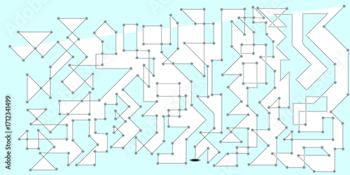 An Intricate Dance of Geometric Shapes and Connected Nodes, Unveiling Hidden Paths and Architectural Abstractions in a Sky-Blue Expanse  Pattern with Connecting Lines and Shapes on a Blue Background.