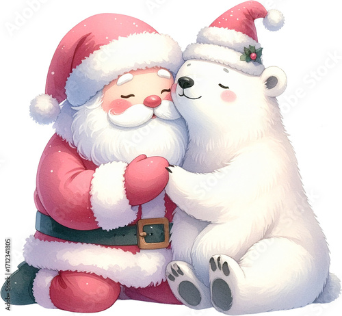 Cute Santa Claus Hugging Polar Bear Christmas Illustration
